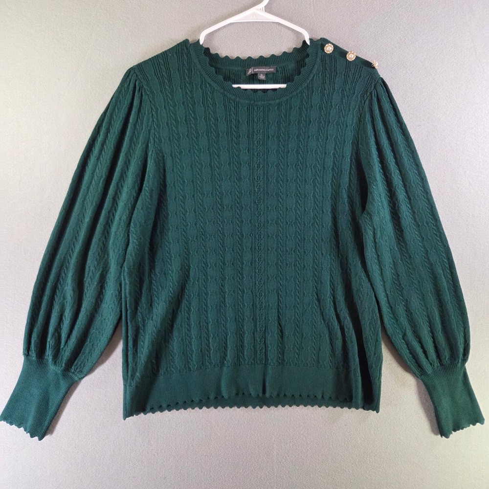 Adrianna Papell XL Green Cable Knit Scalloped Puff Sleeve Pearl Button Sweater